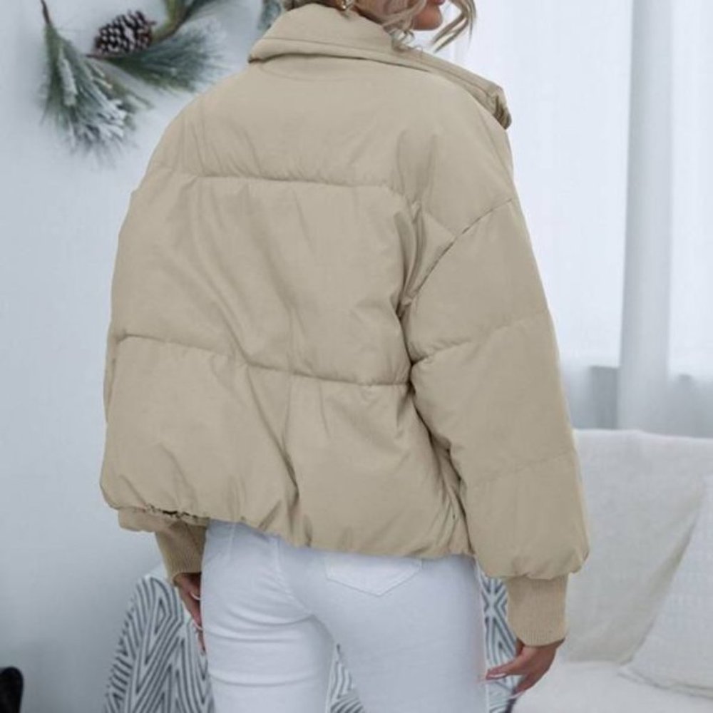 Contemporary Puffer Coat - light tan khaki - Picture 5 of 6